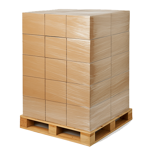 Pallet covered with ploy plastic shrink